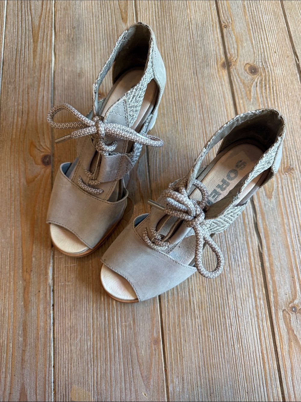 Sorrel Taupe Lace-Up Peep-Toe Wedge Shootie
Size 7-1/2